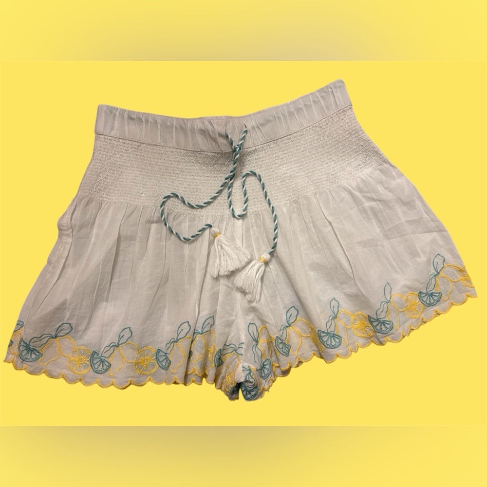 NWOT Joie White Smocked Cotton Lounge Shorts with Yellow Lemon Embroidery Small